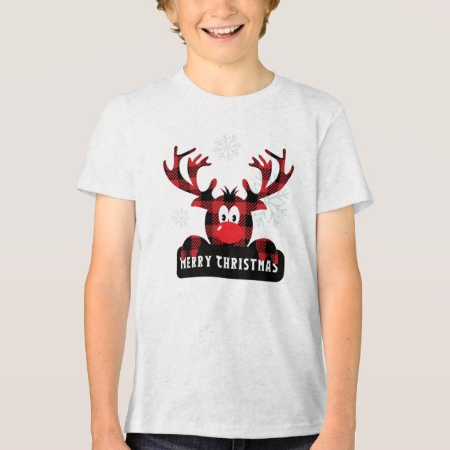 Red & Black Buffalo Play Reindeer Jul T Shirt (Framsida)