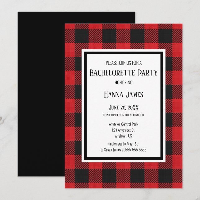 Red Black Buffalo Play Rustic Bachelorette Party Inbjudningar (Fram/baksida)
