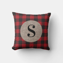 Red Black Buffalo Play Rustic Burlap Monogram Kudde