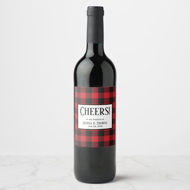 Red Black Buffalo Play Wedding Favor Vinflaska Etikett (Framsida)