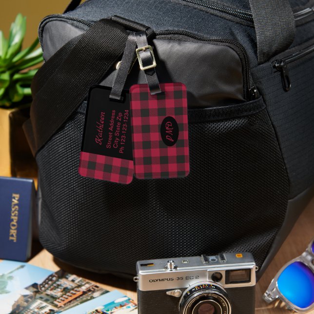 Red Black Buffalo Pput Check Monogram Initialer Bagagebricka (Fram & Baksida)