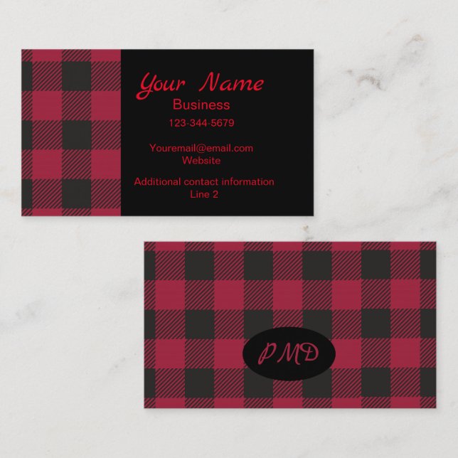 Red Black Buffalo Pput Check Monogram Initialer Visitkort (Fram/baksida)