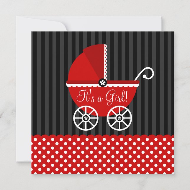 Red Black Carriage Dots Girl Baby Shower Inbjudningar (Framsida)