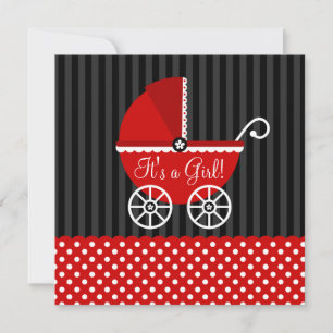 Red Black Carriage Dots Girl Baby Shower Inbjudningar