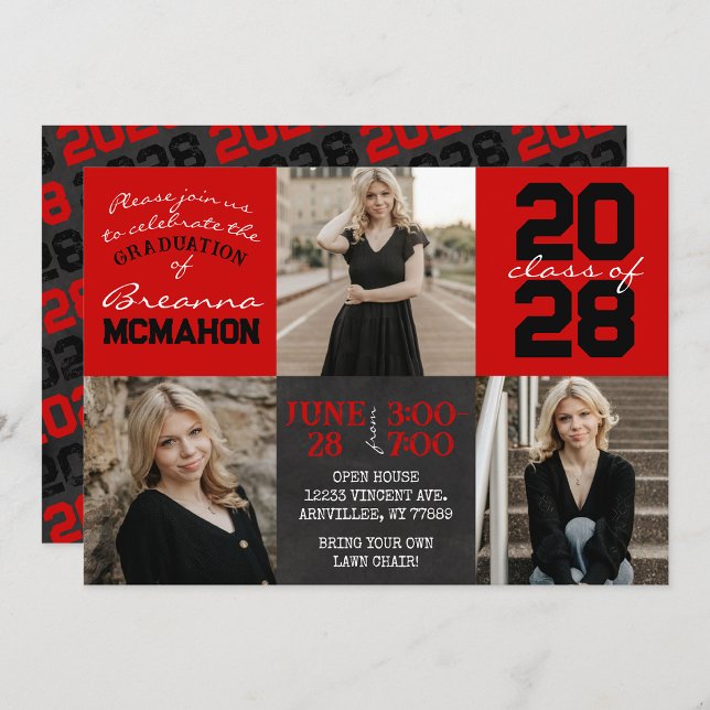 Red & Black Chalkboard 3 Photo Studenten Inbjudningar (Red & Black Graduation Chalkboard 3 Picture Invites)