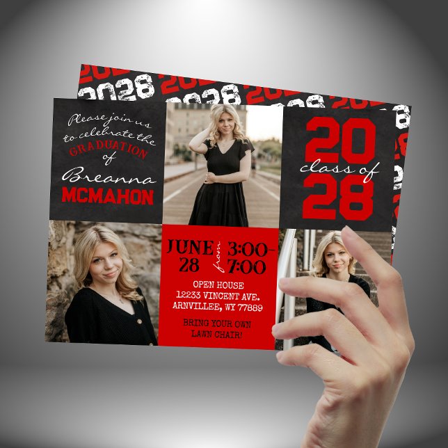 Red & Black Chalkboard 3 Photo Studenten Inbjudningar (Red & Black Graduation 3 Photo Chalkboard Invitations)