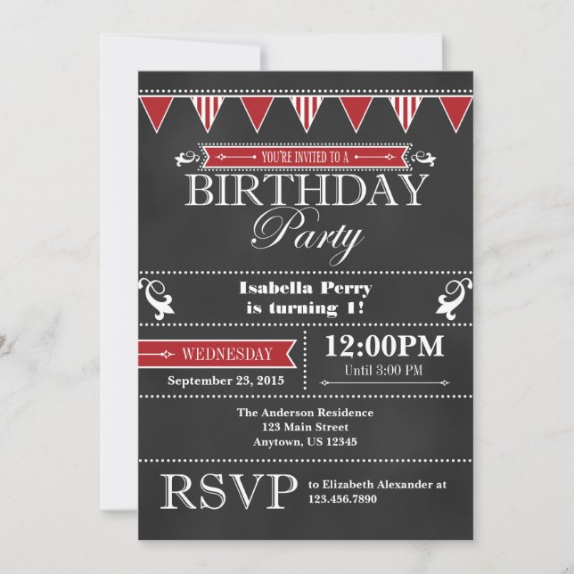 Red Black Chalkboard Birthday-inbjudan Inbjudningar (Framsida)