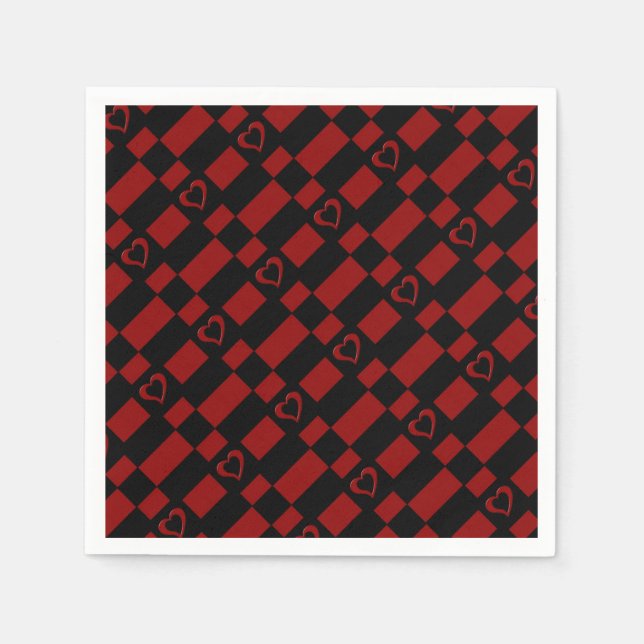 Red & Black Checkated Heart Mönster Napkins Pappersservett (Framsidan)