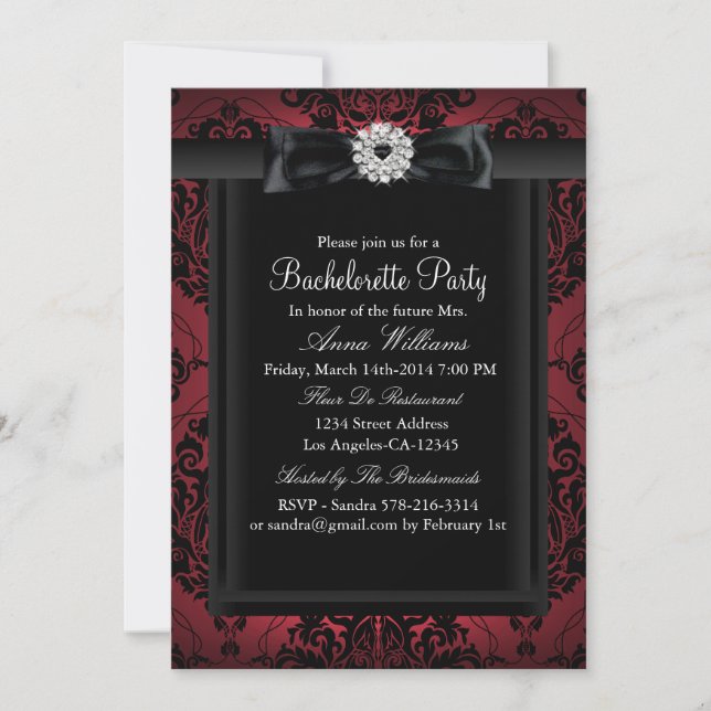 Red & Black Chic Damask Bachelorette Party Inbjudningar (Framsida)