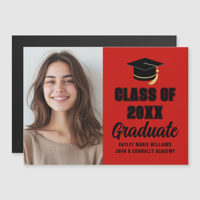 Red Black Class of 2026 Graduation Photo Magnet (Fram/baksida)