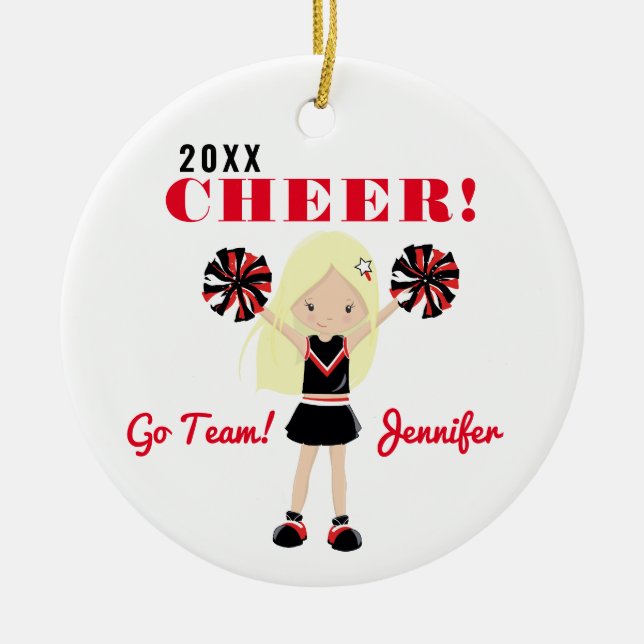 Red & Black Cute Blonde Cheerhead Ornament (Framsidan)