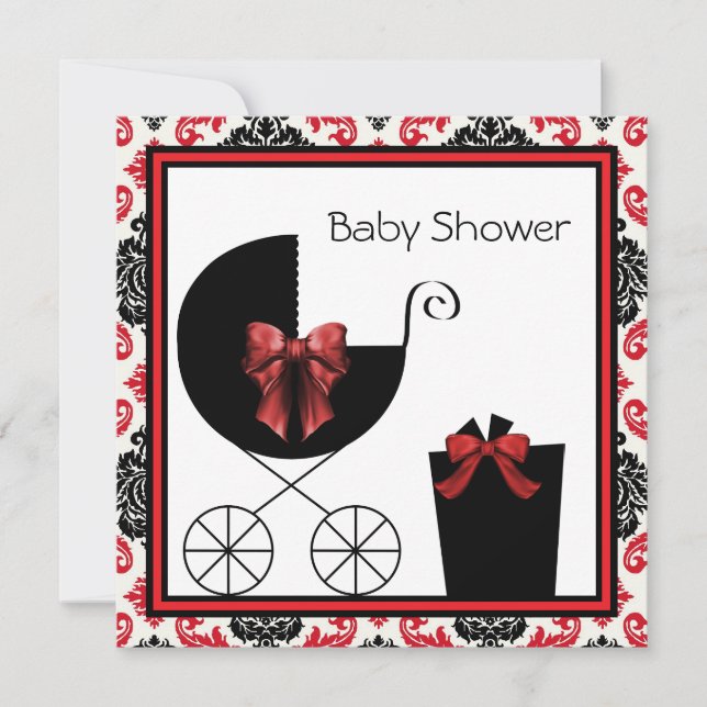 Red Black Damask Baby Shower-inbjudningar Inbjudningar (Framsida)