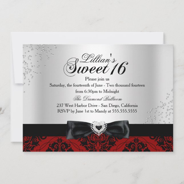 Red Black Damask Gnistra Sweet 16 Inbjudan (Framsida)