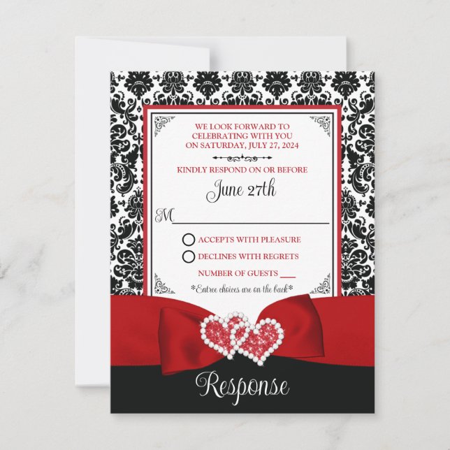 Red, Black Damask Kärlek Hearts OSA kort (Framsida)