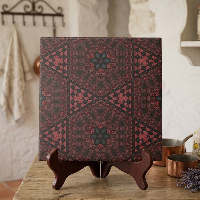 Red Black Detailed Blommigt Geometric Mönster Kakelplatta (Skapare uppladdad)