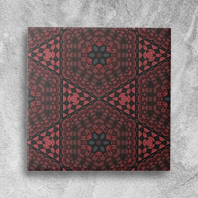 Red Black Detailed Blommigt Geometric Mönster Kakelplatta (Skapare uppladdad)