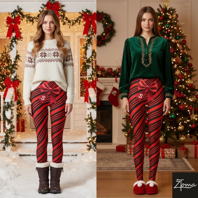 Red Black Diagonal Stripes Graphic Bow Leggings (Skapare uppladdad)