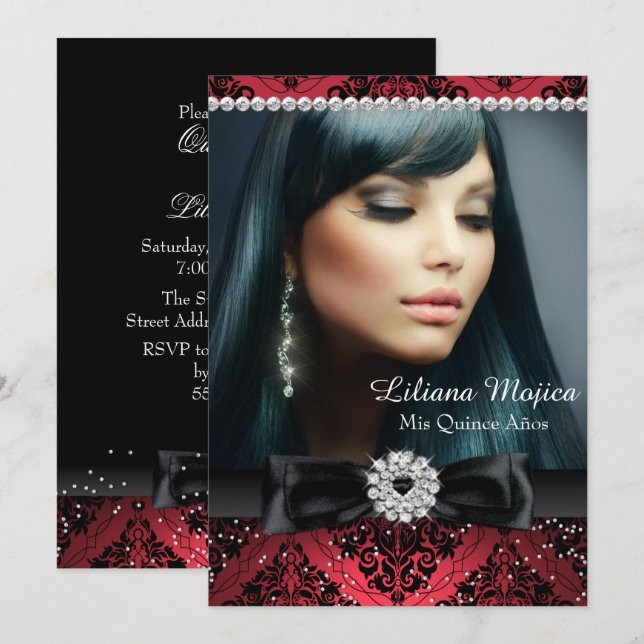 Red Black Diamond Bow Damask Quinceanera Inbjudningar (Fram/baksida)
