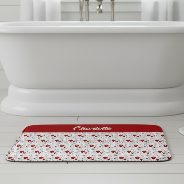 Red Black Doodle Hearts Retro Monogram Name Badrumsmatta (cute red and black retro hearts theme custom bath mat with name monogram)