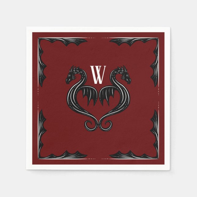 Red Black Dragon Monogram Fantasy Bröllop Pappersservett (Framsidan)