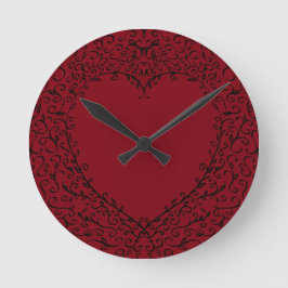 Red Black Elegant Heart Gothic Bröllop Clock Rund Klocka