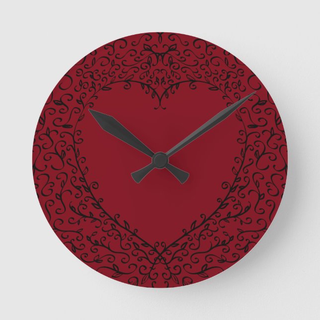 Red Black Elegant Heart Gothic Bröllop Clock Rund Klocka (Framsida)