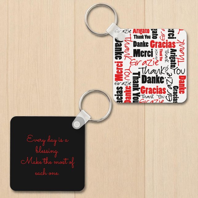 Red Black Fllingual "Tack"-typografi Nyckelring (front and back key ring template on back )