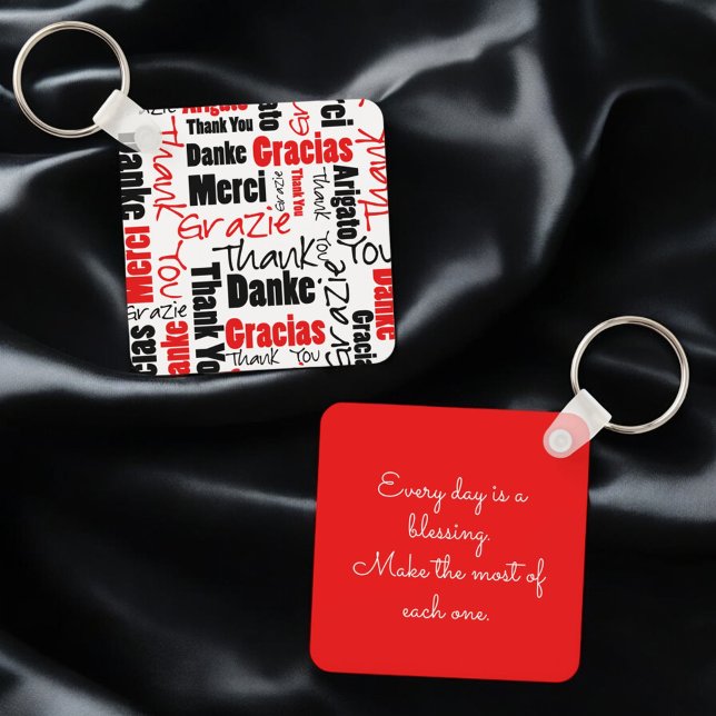 Red Black Fllingual "Tack"-typografi Nyckelring (key ring front and back with template text on back)