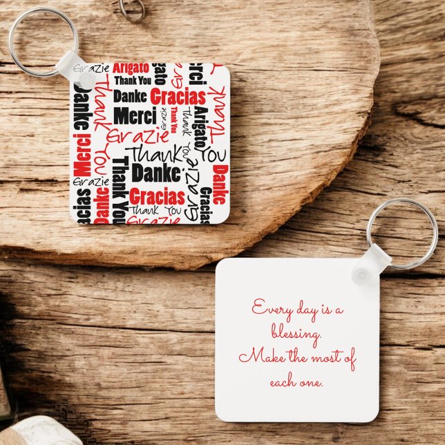 Red Black Fllingual "Tack"-typografi Nyckelring (front and back key ring with template text on back)
