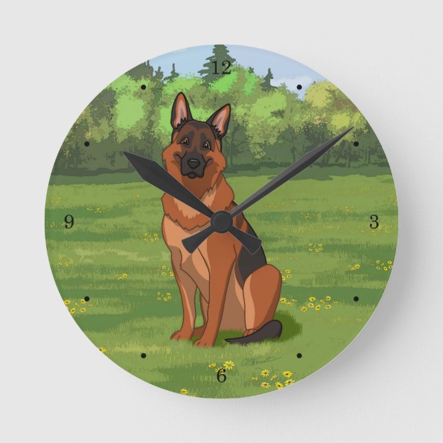 Red & Black German Shepherd GSD Rund Klocka (Framsida)