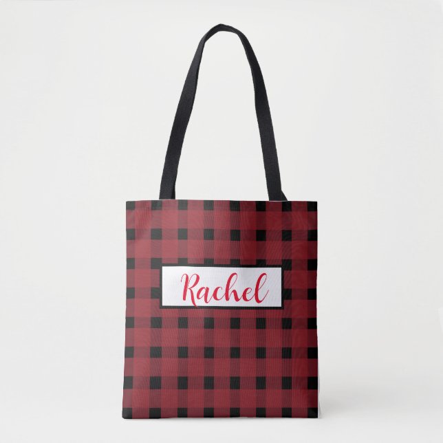 Red Black Gingham Personlig Tote Bag Tygkasse (Framsida)