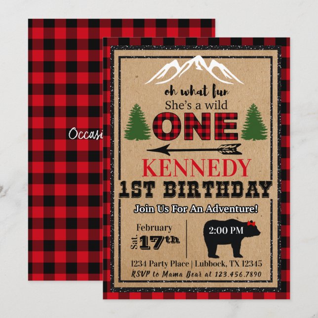 Red Black Girl's Buffalo Play Birthday bjudande Inbjudningar (Fram/baksida)