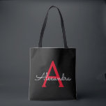 Red Black Girly Script Monogram Namn Modern Tygkasse<br><div class="desc">Svart och röd Elegant lägg till din egen Namn Monogram Bok Bag. Denna Bok-bag kan anpassas så att den omfattar ditt första och första namn och ges som julklapp,  Sverige 16 födelsedagar,  Möhippa eller Bröllop.</div>