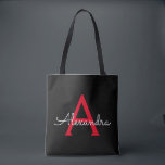 Red Black Girly Script Monogram Namn Modern Tygkasse<br><div class="desc">Svart och röd Elegant lägg till din egen Namn Monogram Bok Bag. Denna Bok-bag kan anpassas så att den omfattar ditt första och första namn och ges som julklapp,  Sverige 16 födelsedagar,  Möhippa eller Bröllop.</div>