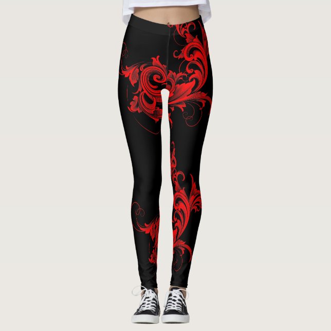 Red & Black Girly Swirls Design Leggings (Framsida)