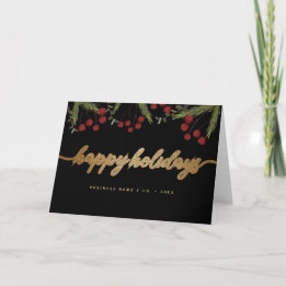 Red Black & Gold Happy Holiday Script foliage Helgkort