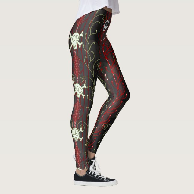 Red, Black Gothic Aesthetic Positive Punk Skull Leggings (Höger)
