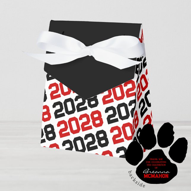 Red & Black Grad Tack Pawprint Back Gift Presentaskar (Red & Black Pawprint Class Year Graduation Favor Boxes. With Personalization on Back)