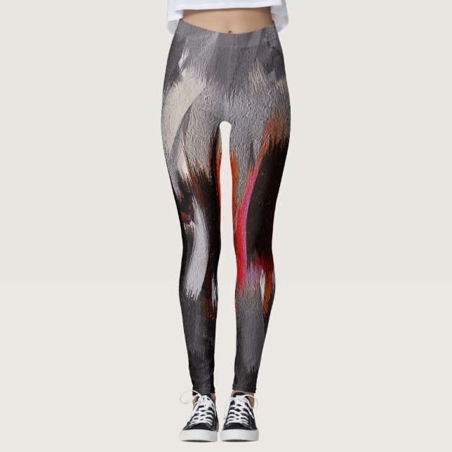 Red Black Grått Abstrakt-målning Leggings (Framsida)