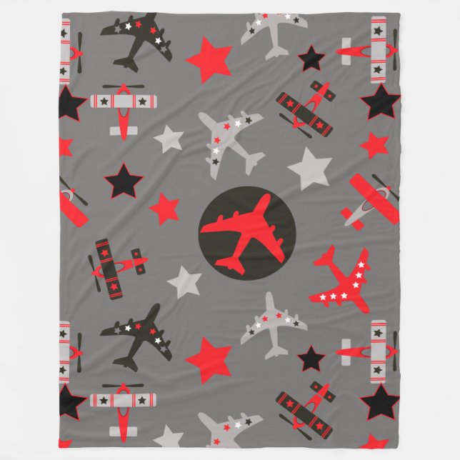Red Black Grått-flygplan Mönster Fleecefilt (Framsidan)
