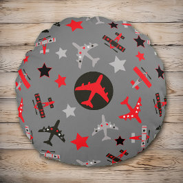 Red Black Grått-flygplan Mönster Rund Kudde