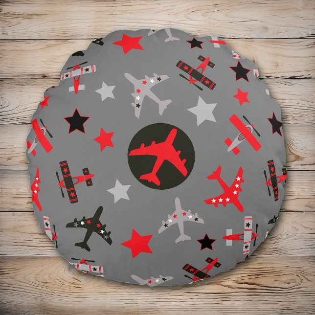 Red Black Grått-flygplan Mönster Rund Kudde (Skapare uppladdad)