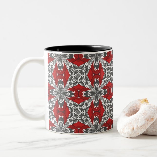 Red Black Grått och White Repeat Tile Mönster Två-Tonad Mugg (Med munk)