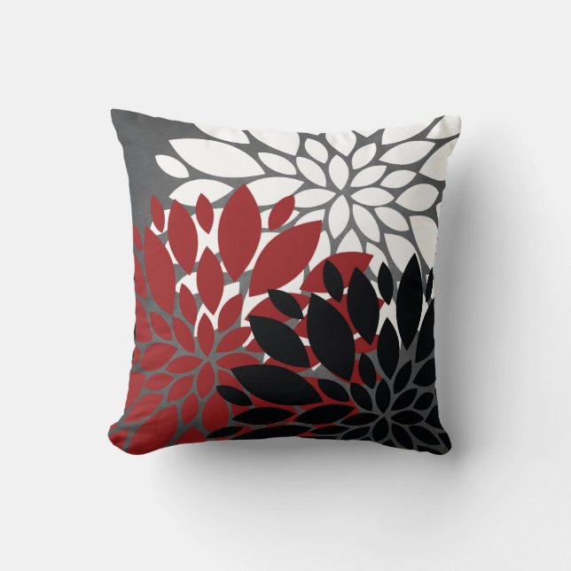 Red Black Grått White Flower Silhouette Cushion Kudde (Framsida)
