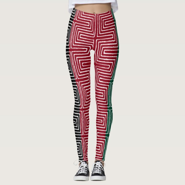 Red Black Grönt Maze African Lera Trasa Leggings (Framsida)