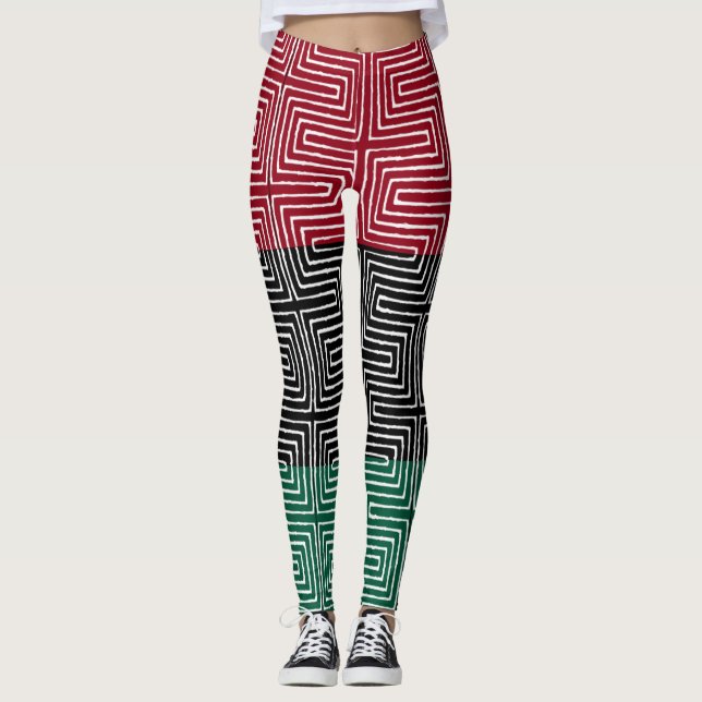 Red Black Grönt Maze African Lera Trasa Leggings (Framsida)