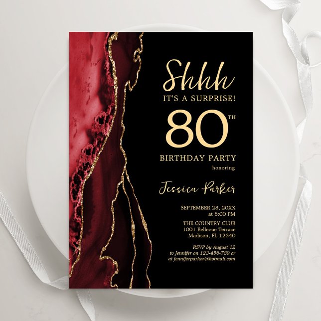Red Black Guld Agate Surprise 80:e födelsedagen Inbjudningar (Skapare uppladdad)