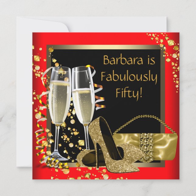 Red Black Guld Champagne 50:e Födelsedagsfesten Inbjudningar (Framsida)