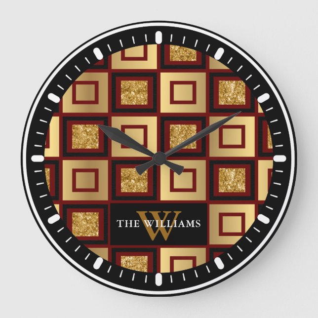 Red Black Guld Checkerboard Monogram Stor Klocka (Framsida)
