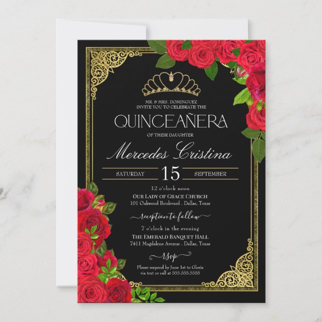 Red Black & Guld Elegant Ro Quinceanera Inbjudningar (Framsida)